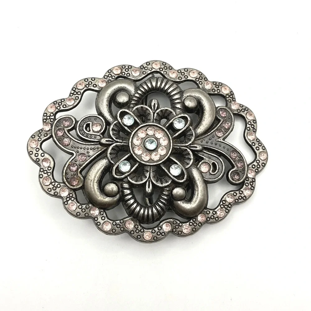 Vintage Silver Tone Floral Filigree Belt Buckle Pink Blue Rhinestone 3.25in